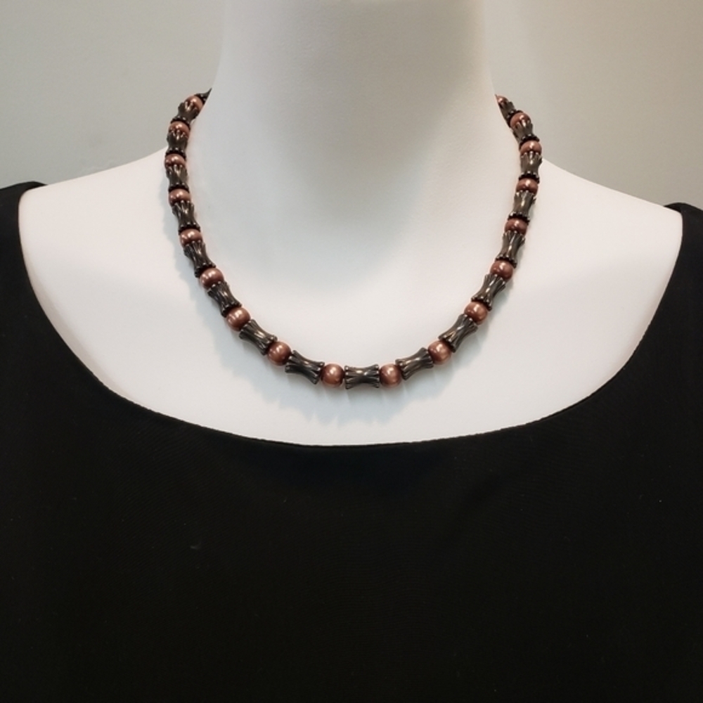PEWTER Beaded Faux Pearl Necklace Antiqued Silver Tones